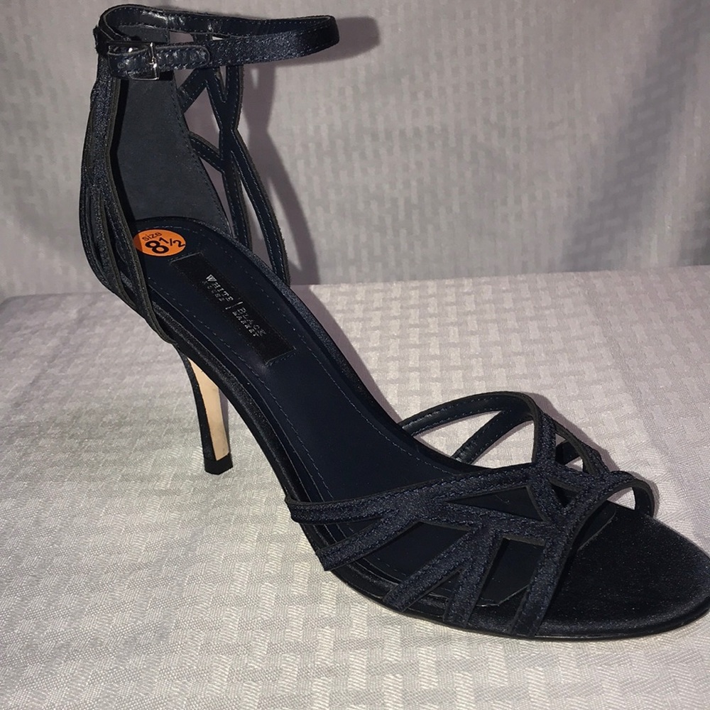 NAVY STRAPPY SATIN HEELS